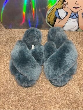 Emu Teal Plush Cross-Band Fuzzy Slide Slippers